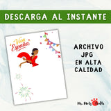 Manualidad infantil con huella de mano para celebrar la Fiesta Nacional de España, con diseño de bailaora flamenca en rojo, abanico y banderines típicos españoles.