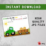 Printable Grandpa tractor handprint craft for a preschool or kindergarten Grandparents Day activity, showing a green farm tractor, hay wagon, country field, and space for children ages 3–7 to add two painted handprints, creating an easy teacher-guided classroom keepsake students can personalize and take home as a special gift for Grandpa.