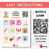 2027 Canadian handprint calendar instructions with monthly craft examples and QR code for step-by-step video tutorials