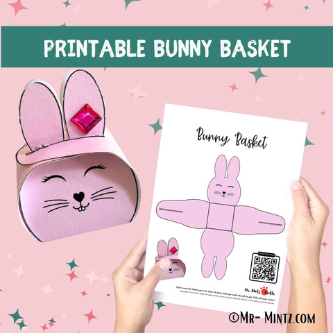 Printable Bunny Basket craft for Easter, featuring a cute pink bunny design. DIY paper basket template for kids’ Easter egg hunts and treat storage. Fun preschool and kindergarten activity.