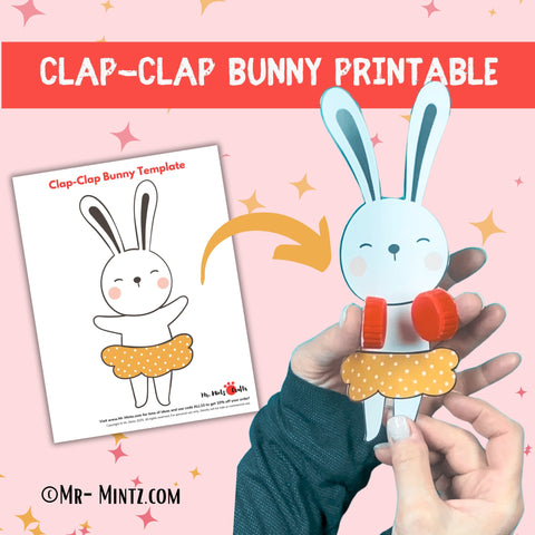 Clap-Clap Bunny printable Easter craft for kids, featuring a cut-out bunny template with instructions to attach plastic bottle caps as clapping hands. This fun and interactive homemade toy is ideal for preschool or kindergarten Easter activities, DIY busy bin projects, and spring classroom fun. Available as a JPG download in 8.5”x11” Letter size.