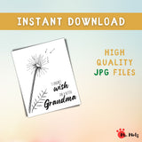Printable Grandma fingerprint flower craft for a preschool or kindergarten Grandparents Day activity, featuring an outlined dandelion-style flower and leafy stem that children ages 3–7 decorate with colorful painted fingerprints, creating an easy teacher-guided classroom keepsake students can personalize and take home as a special gift for Grandma.