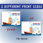 Printable Columbus Day handprint craft poster: “Columbus sailed the ocean blue” with ship, globe, compass, and ocean waves. Kids add a painted handprint to create classroom or bulletin-board decor. Instant PDFs in US Letter and A4, perfect for K–2 explorers and social studies activities.
