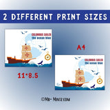 Printable Columbus Day handprint craft poster: “Columbus sailed the ocean blue” with ship, globe, compass, and ocean waves. Kids add a painted handprint to create classroom or bulletin-board decor. Instant PDFs in US Letter and A4, perfect for K–2 explorers and social studies activities.