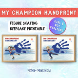 A figure skating handprint craft printable featuring a child skater on the ice with space to stamp a painted handprint, designed as a “My Champion” keepsake for kids ages 3–7, perfect for celebrating skating season, competitions, or a special sports achievement gift for families and coaches.
