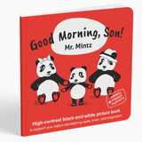 Front cover of Good Morning, Son! — a high-contrast black-and-white baby book designed for newborns and toddlers. Features panda characters on a red background with the text “High-contrast picture book to support your baby’s developing eyes, brain, and imagination.” Includes animal finger puppets and doubles as a coloring book.