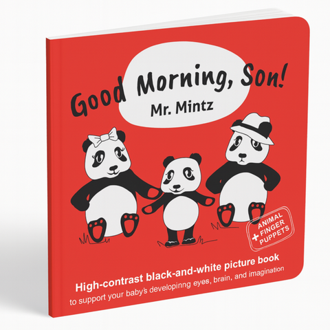 Front cover of Good Morning, Son! — a high-contrast black-and-white baby book designed for newborns and toddlers. Features panda characters on a red background with the text “High-contrast picture book to support your baby’s developing eyes, brain, and imagination.” Includes animal finger puppets and doubles as a coloring book.