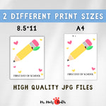 Creative back-to-school handprint craft featuring a red apple made from a handprint and a yellow pencil, perfect for kids to celebrate their first day of school