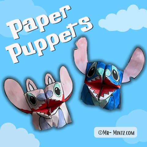 DIY Stitch & Angel inspired paper puppets — printable cartoon animal cootie catcher craft for kids. Includes PDF templates, step-by-step instructions, and QR code video guide. Children color, fold, and glue details to create animated origami mouth puppets for storytelling, classroom projects, birthday parties, or family fun at home.