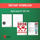 Printable 2026 pop-up card template with heart, showing folded paper mechanism that creates a three-dimensional New Year card. Designed as an easy DIY paper craft for kids, families, classrooms, and holiday activities using simple cutting and folding steps.