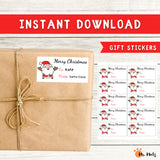 Printable Christmas gift tags featuring Santa Claus, perfect for adding a personalized touch to kids’ presents with ‘To’ and ‘From’ sections.
