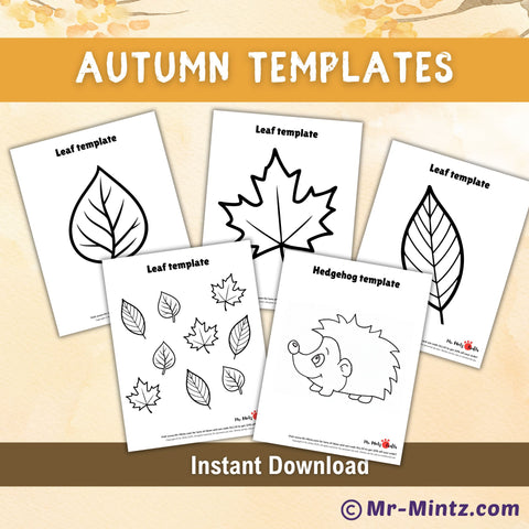 Printable autumn craft templates for kids featuring leaf outlines and a cute hedgehog pattern. Perfect for preschool, kindergarten, and classroom fall art projects. Great for cutting, coloring, or decorating with real leaves or yarn. Instant digital download for creative autumn crafts.