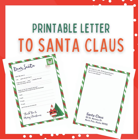 Printable Letter to Santa Template for Kids – front side with “Dear Santa” prompts and back side with North Pole address for window envelope. Festive Christmas activity to print at home or school.