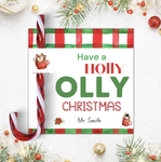 Customizable 'Holly Jolly Christmas' candy cane and lollipop holder. The design includes a white space for personalization and the text 'Have a HOLLY JOLLY Christmas in cheerful red and green fonts.