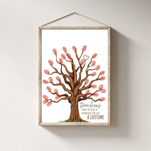 Customizable Teacher Appreciation Fingerprint Tree Art titled 'Teachers Plant the Seeds of Knowledge That Last a Lifetime.' Perfect for class gifts or as a unique thank you to educators, this digital print allows students to add their fingerprints as leaves, creating a personalized and meaningful keepsake.