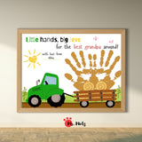 Grandparents Day printable Grandpa handprint keepsake featuring a bright green tractor pulling a wooden wagon filled with hay, two child handprints above the wagon, a sunny farm background, and the message “Little Hands, Big Love for the Best Grandpa Around,” designed for kids ages 3–7 to create a personalized farm-themed gift for Grandpa.