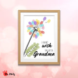 Grandparents Day printable Grandma fingerprint keepsake featuring a tall dandelion-style flower decorated with yellow, purple, and pink painted fingerprints, a green leafy stem made with fingerprint marks, and the message “I Couldn’t Wish for a Better Grandma,” designed for kids ages 3–7 to create a colorful personalized flower gift for Grandma.