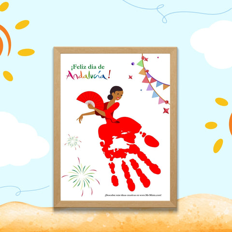 Imagen de una manualidad infantil para el Día de Andalucía con una bailaora flamenca creada con pintura de manos. Actividad educativa y creativa para niños en preescolar y primaria.