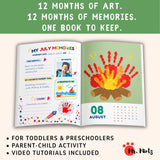 2027 handprint calendar open book with monthly memory page and August campfire craft