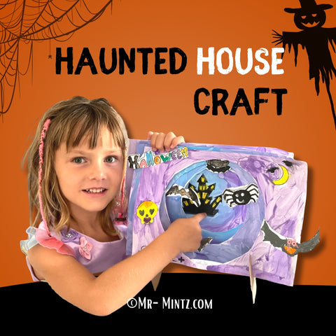 Printable haunted house Halloween craft for kids. Children color, cut, and glue spooky details like bats, spider webs, and pumpkins to build a paper haunted house scene. Easy Halloween craft activity for classrooms, bulletin boards, or home décor.
