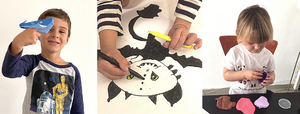 Kids enjoying Mr. Mintz printable crafts — a boy holding a blue paper shark puppet, a child coloring a dragon drawing, and a toddler playing with colorful modeling clay. Fun printable activities and DIY crafts for preschoolers and toddlers to spark creativity at home or in the classroom.
