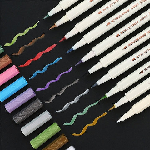 Metallic calligraphy pens withnice fine tip flexible soft brush nib and colors are rich. They have a smooth application and wide coverage. The brush markers allows for (fine or wide strokes), flows like a paint brush.