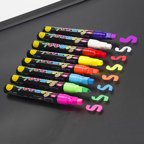 Our chalk markers have premium rich colors that will make any project stand out! The chalk ink dries quickly and will not smudge as long as you don’t wipe it with water. The opaque ink also allows for easy blending of 2 or more colors. Included colors are: White, Red, Yellow, Green, Pink, Purple, Blue, Orange.